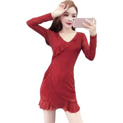 V-Neck Black Red Mini Formal Sukienka Vintage Party WomenS Bodycon Short Dress With Long Sleeve Clothes 2020 Spring D0369