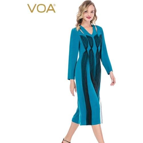 VOA Silk 30m/m Indigo Blue V-neck Hollow Organza Knotted Arch Needle Long Sleeve Party Dresses Womens Clothing 2021 AE267