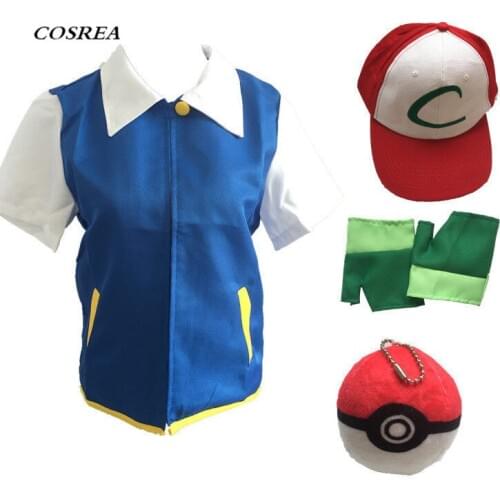 High Quality Poke Ash Ketchum Cosplay Costumes Pock Monster Cosplay Blue Jacket + Gloves + Hat + Ash Ketchum Ball