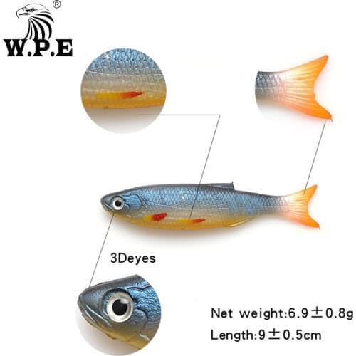 W.P.E 90mm 6pcs/pack Soft Fishing Lure 3D eyes Colorful Swimbaits Jig Head Fishing Bait Soft Lure Silicone Bait Fishing Wobblers