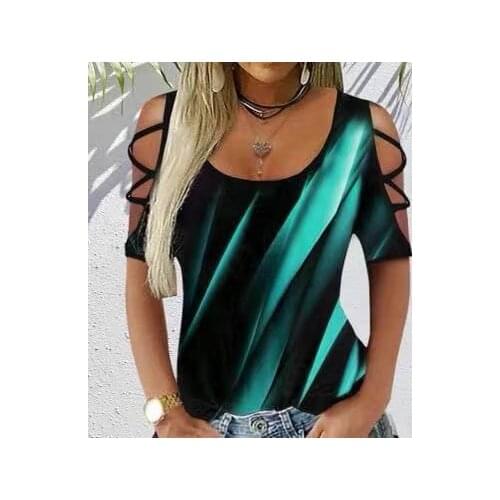 Blue Aurora Gradient Hollow Out Shoulder T-shirt Summer Women Casual O-Neck Cross Half Sleeve Pullover Tops Street Tshirt