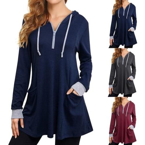 Elegant Sweatshirt Autumn Women Casual Long Sleeve Tunic Hoodie Zip Pocket Sweatshirt Pullover Hoodies Dress Women Casual Wear