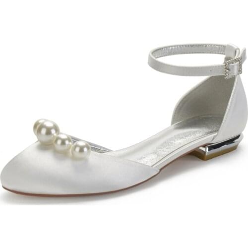 2021 new Lady Rounded Toe Flats D'orsay Evening Dress Shoes w/ Big Pearls Sweet Bridal Wedding Prom Birthday Party Satin flat