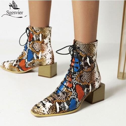 Sgesvier 2021 Women Ankle Boots Comfortable Square Heel Round Toe Ladies Lace Up Boots Snake Print Fall Winter Womens Boots