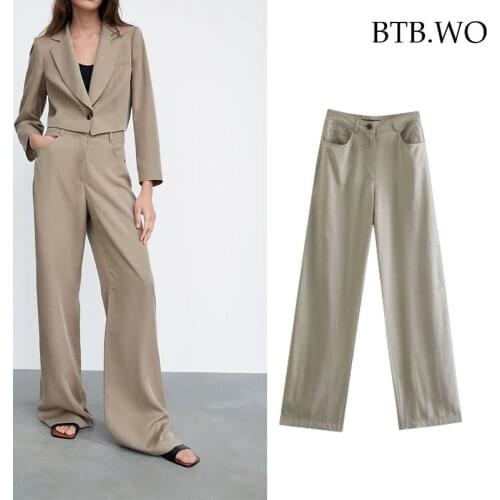 BTB.WO Za Pants For Women Verticality High Waisted Woman Trousers Summer 2021 Ruched Streetwear Casual Loose Wide Pants
