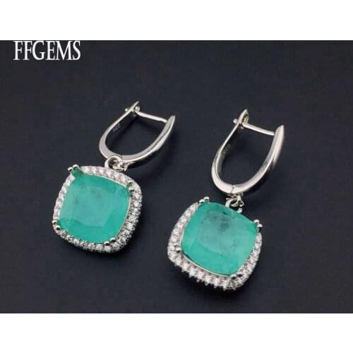 FFGems Brazilian Paraiba emerald Tourmaline silver Earring Created blue stone square for Women Fine Jewelry wholesale Party Gift