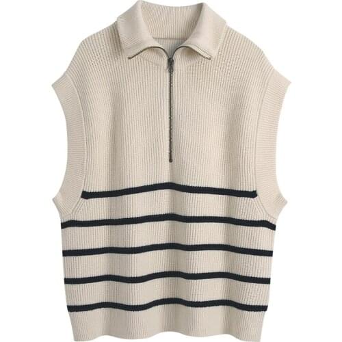 Women 2021za fashion loose striped knit vest sweater vintage zip-up high neck sleeveless female waistcoat chic tops