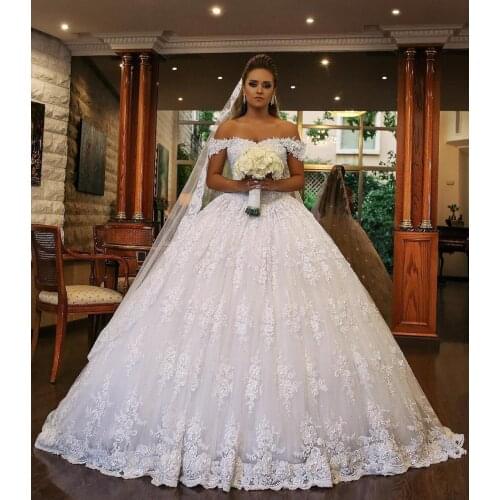 White Lace Ball Gown Dubai Wedding Dresses Sweetheart Off Shoulder Beading Backless Plus Size Saudi Arabic