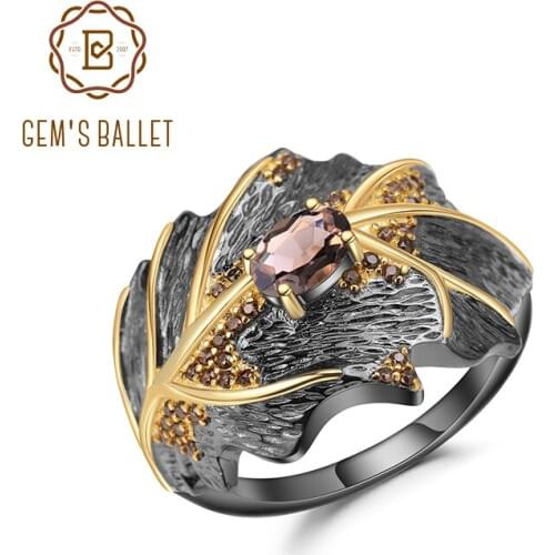 GEMS BALLET Georgia O'keeffe Painting Leaf Ring 925 Sterling Silver Handmade Ring for Women Jewelry 0.75Ct Natural Smoky Quartz