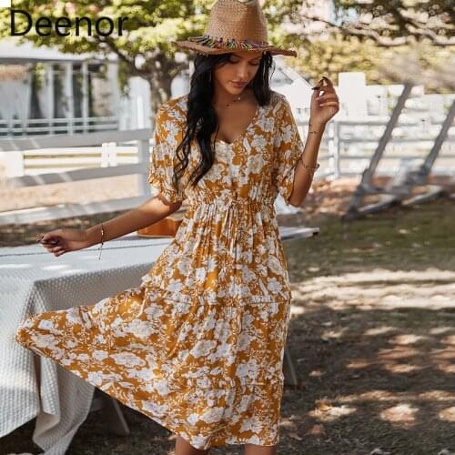 Deenor Elegant Floral Print Midi Dress 2021 Summer Short Sleeve Beach Holiday Party Dresses Boho Chiffon Long Dress for Women
