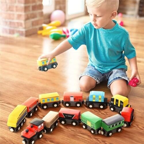 12pcs Car Kids Wooden Magnetic Train Toys Sets Railway Track Vehicle Toddler Montessori Learning Game Birthday Gift For Boy Girl