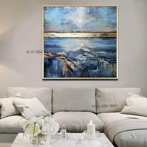 Point Of View Blue Sky Abstract Landscape Painting Gold Leaf Modern Textured Painting Knife Oil Painting Wall Art Canvas Art