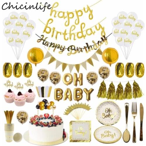 Chicinlife Gold Oh Baby Disposable Tableware Paper Plates Cups Napkins Cupcake Toppers Balloons Happy Birthday Party Supplies