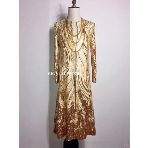 Fashion Cool Male singer GD nightclub DJ long designed super flash gold cloak costumes Party Show Stage performance costumes