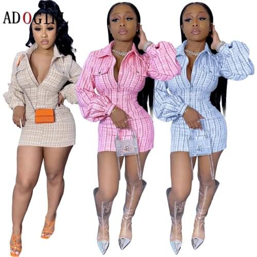 Adogirl Plaid Women Shirt Dress Elegant Lantern Sleeve Autumn Turn-Down Collar Office Lady Sucking Waist Fashion Mini Dress