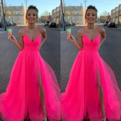Attractive Spaghetti Strap Tulle Fuchsia Prom Dresses Pleats Ruched A Line Side Split Long Evening Party Gowns robes de soiree