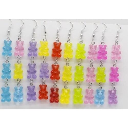 Fun colorful Ins style cartoon bear earrings cute resin bear candy color long earrings women and girls daily jewelry party gifts