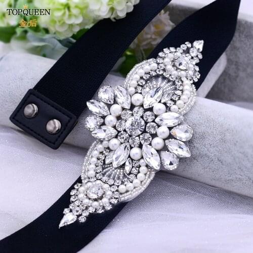 TOPQUEEN S05B-E Women Rhinestone Elastic Belt Windbreaker Waistband Button Decoration Wide Belt Buckle Stretch Belt for Wedding