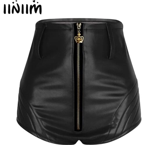 Sexy Lady Womens Shorts Wetlook PU Leather Front Zipper High Waisted Bodycon Shorts Bottoms with Belt Night Clubwear Shorts