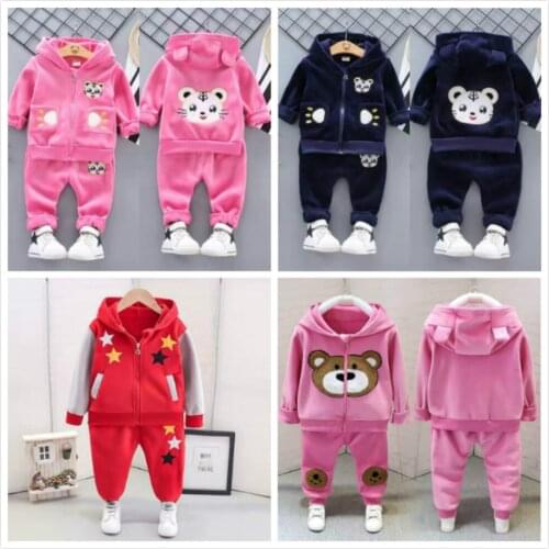 Baby Boy Spring Clothes Set Casual Cartoon Kids Girls Outfits Autumn Tracksuits Velvet Long Sleeve Coat + Warm Pants For Toddler