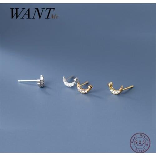 WANTME Genuine 925 Sterling Silver Mini Cute Pave Zircon Star Moon Stud Earrings for Women Korean Girl Chic Daily Life Jewelry
