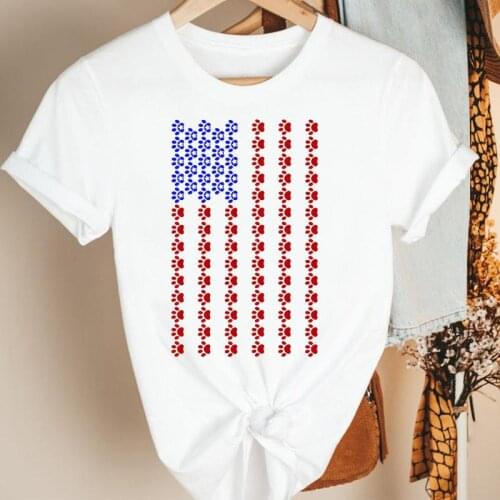Women Clothes American Flag Lovely Dog Paw 90s Cartoon Summer Short Sleeve Print Fashion Tshirt Female Tee Top Graphic T-shirt