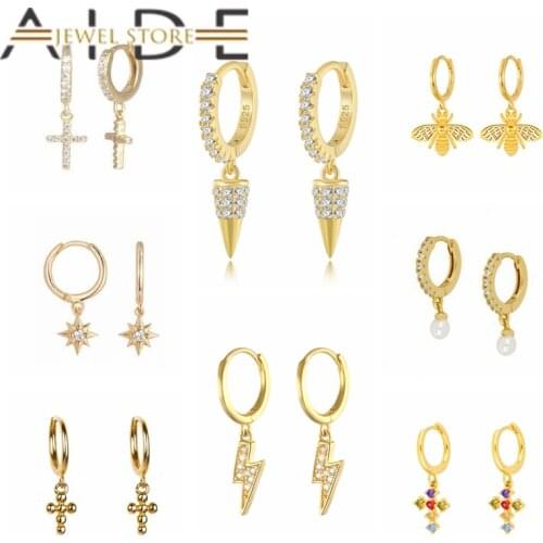 Aide Womens Earrings 925 Sterling Silver Earring Rainbow Cross Huggie Hoop Earring Bee Lighting Drop Pendientes Brincos Jewelry