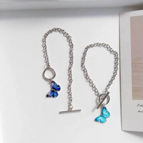 VSnow Korean Blue Color Gradient Butterfly Charm Bracelet for Women Femme Chunky Link Small Circle Toggle Clasp Circle Bracelets