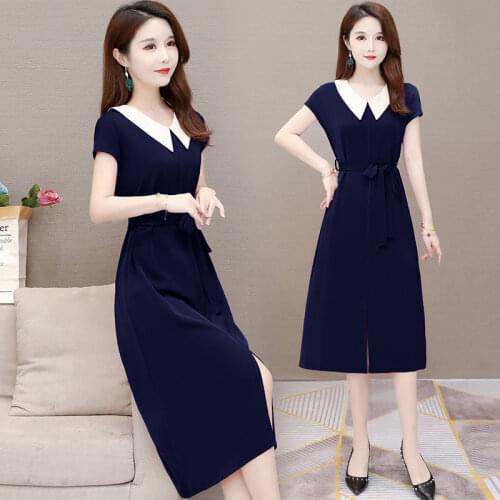 Womens summer short-sleeved colored dress 2021 new temperament doll collar belt acetate satin dress female