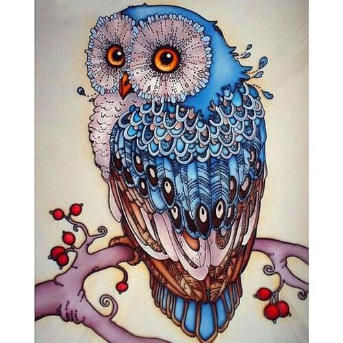 5D Diamond Painting Full Square Round Blue Owl On A Branch Diamond Embroidery Mosaic Animals Pictures Of Rhinestones