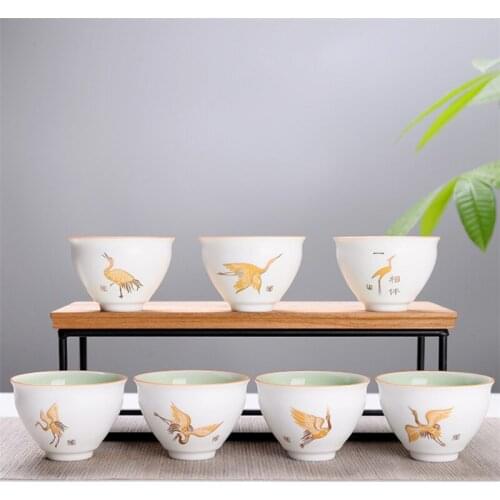 8Pcs/Set Indigo Glaze Ceramic Tea Cup Hand-Painted Golden Crane Pattern Small Tea Bowl Porcelain Teacup Office Kung Fu Drinkware