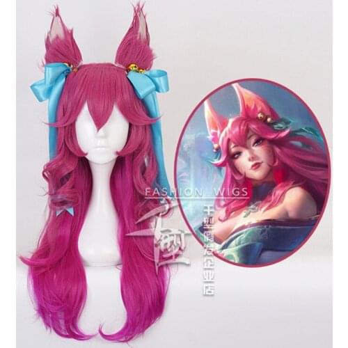Game Spirit Blossom Ahri Long Wig With Ears Headwear Cosplay Costume Heat Resistant Synthetic Hair Women Wigs