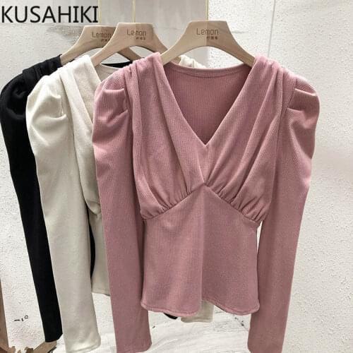 KUSAHIKI Elegant Slim Waist Tops Women 2021 New Puff Long Sleeve V-neck Graphic T Shirts Korean Solid Basic Tee Shirt 6K686