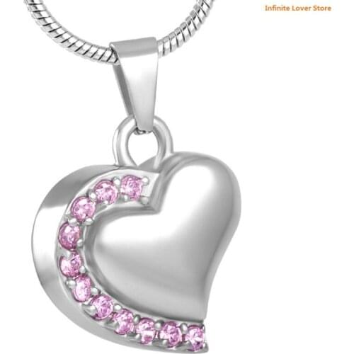 KLH8018-1 20Pcs a Lot Pink Crystal Brink Heart Stainless Steel Cremation Pendant Necklace Funeral Ashes Keepsake Urn Necklace