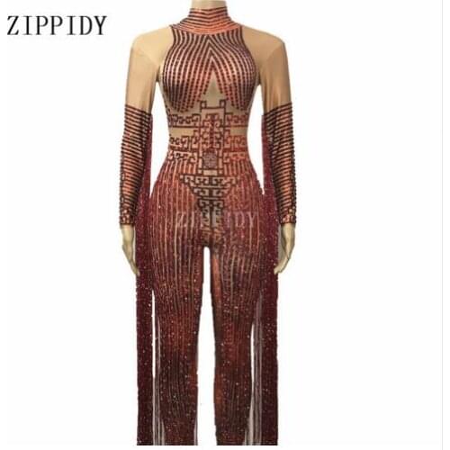 Fashion red Rhinestones Jumpsuit Female Singer Stage Wear Long Tassel Bodysuit dancer Costume Glisten Stones Stretch Outfit