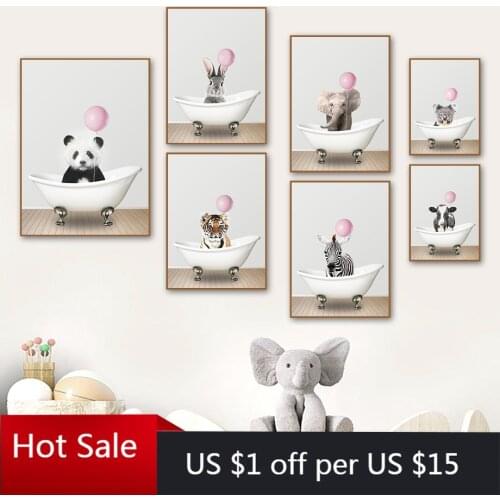 Panda Lion Pink balloon Bathtub Nursery Wall Art Canvas Painting Nordic Posters Prints Wall Decor Pictures Kids Baby Room Decor