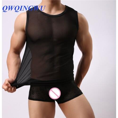 Casual Undershirt Mens Transparent T Shirt Sexy Mesh See Through Tops Tees Man Tight Singlet Gay Thin Shaper Male Undershirts