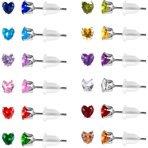 12 Pairs 316L Stainless Steel Stud Earrings,Birthstone Heart CZ Surgical Steel Earring Sets for Women Girls with Size 3 4 5mm
