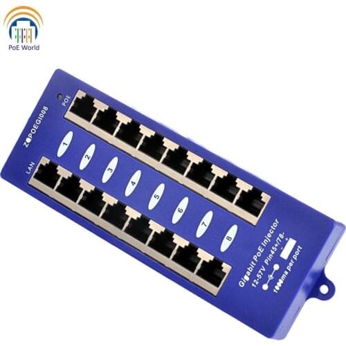 802.3af PoE Mid-span Mode B Security Gigabit 8 Port PoE Injector Networking PoE injector For Mikrotik/ Ubiquiti