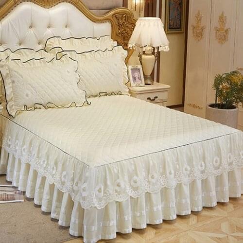 2021 new lace edge quilted bed skirted cover padded bed sheet solid color 3pcs bedspreads mattress anti-dust cover multi-choices