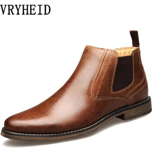 VRYHEID Genuine Leather Men Boots Vintage Style High Top Dress Shoes Men Fashion Casual chelsea boots Male Ankle boots Plus Size