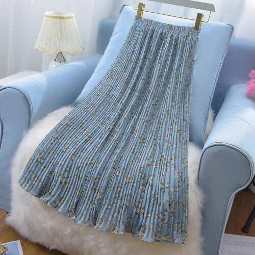 Summer Womens 2021 New Vintage Floral Print Chiffon Pleated Skirt Female Fashion Elastic High Waist Casual Midi Skirts L632