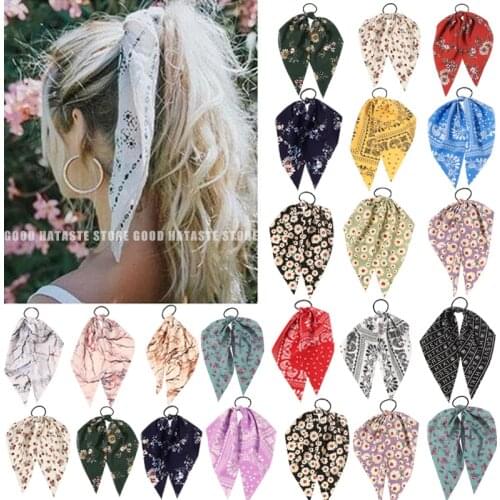 Women Printting Bow Long Ribbon Ponytail Scarf Hair Tie Scrunchies Retro Hairbands for Girls Elastic Hair Bands Hair Accessories