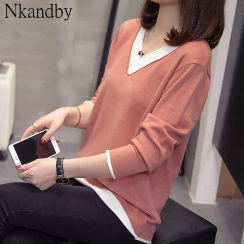 Plus Size Patchwork Knitted Tops Women Autumn Winter Fashion Korean V Neck Pullovers Sweaters Oversized Jumpers Knitwear 4xl