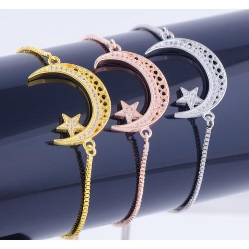 Juya Gold/Rose Gold Allah Crescent Charm Adjustable Chains Mubarak Bracelets For Female Eid al-Fitr Islamic Gift Jewelry