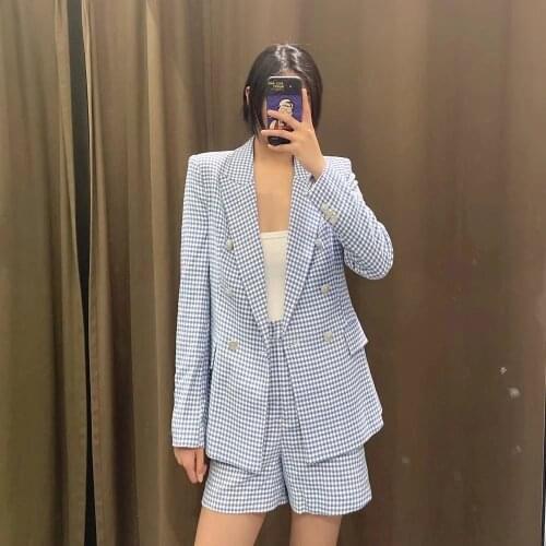 ZA Spring New Womens Clothing Houndstooth Casual Suit Jacket + Button High Waist Casual Bermuda Shorts