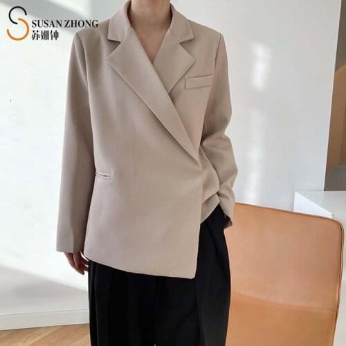 Women Coat Female Blazer Suit 2021 Spring Elegant Minimalist Loose Straight Notched Collar Covered Buttons Cuff Pocket Office