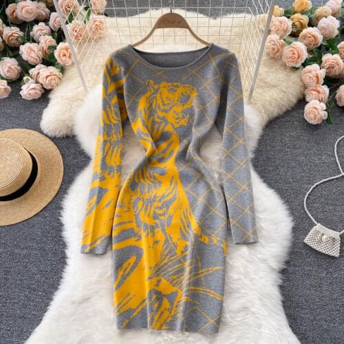 SINGREINY Design Tiger Jacquard Knitted Dress Women Long Sleeve O Neck Slim Pencil Dresses Autumn Winter Bodycon Sweater Dress