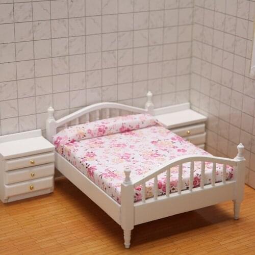 1: 12dollhouse Mini Furniture Miniature Food Small Flower Bedroom Scene White Double Bed