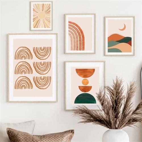 Sun Rainbow Leaves Girl Face Lines Abstract Boho Wall Art Canvas Painting Posters And Prints Wall Pictures For Living Room Decor